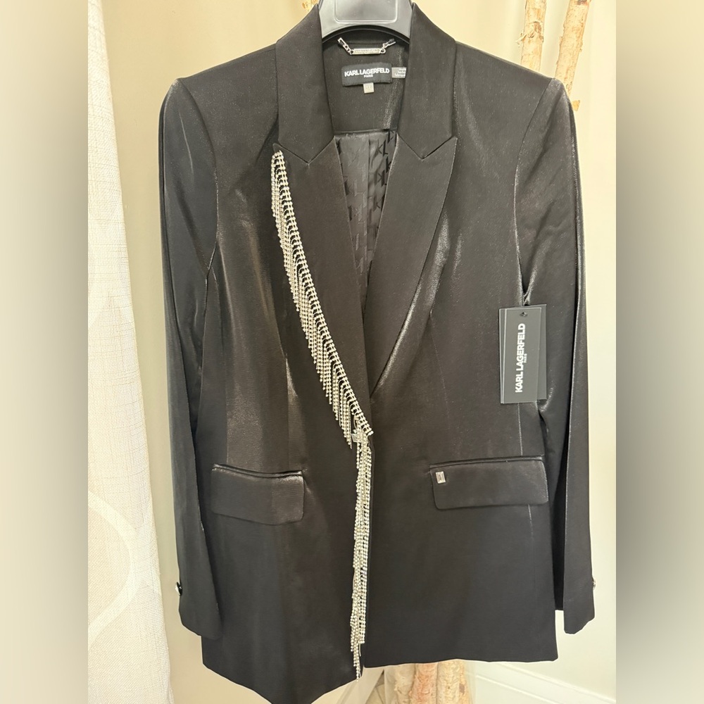 Karl Lagerfeld Black Blazer with rhinestones Fringe Detail